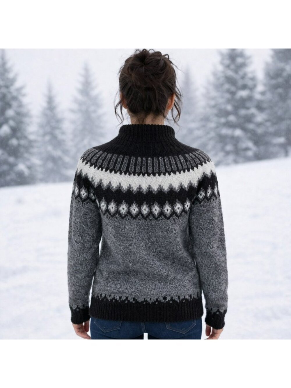 Handmade Milagros Imports Alpaca Wool Sweater Nordic Pattern Black/Grey/White Wo - Picture 12 of 15